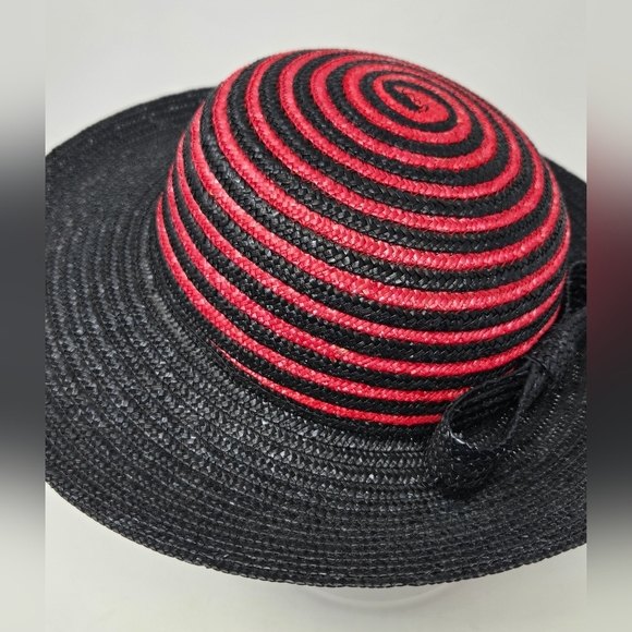 VINTAGE 100% NATURAL STRAW WOVEN HAT BLACK & RED SWIRL ITALY WOMEN OS WHIMSIGOTH - Picture 3 of 13